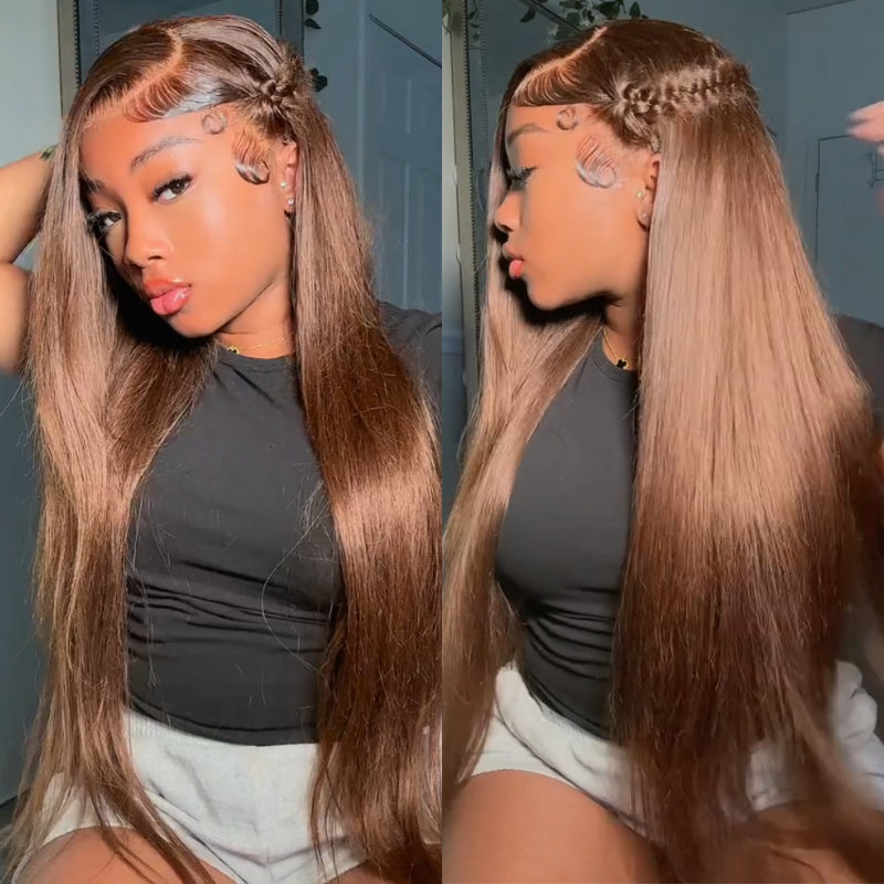 300% Density Dark Brown Straight 13x4 Lace Front Wigs Glueless Invisi Drawstring Human Hair Wigs - Amanda Hair