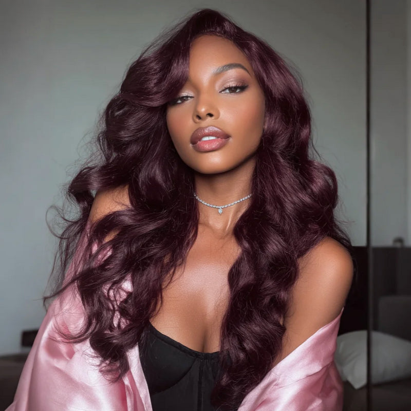 Glueless Body Wave 7x5 / 13x4 Lace Front Purple Black Cherry Burgundy Invisi Drawstring Human Hair Wigs