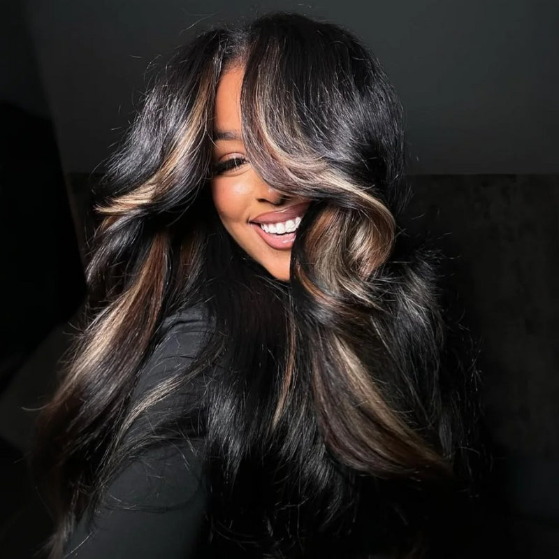 Glueless Clear Transparent Lace Frontal Wig Human Hair Highlight Brown Colored Body Wave Wig - Amanda Hair