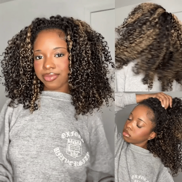 3 In 1 Half Wig | Highlight Brown Jerry Curly Put On & Go Half Wig Flip Over Invisi Drawstring Wig Flash Sale