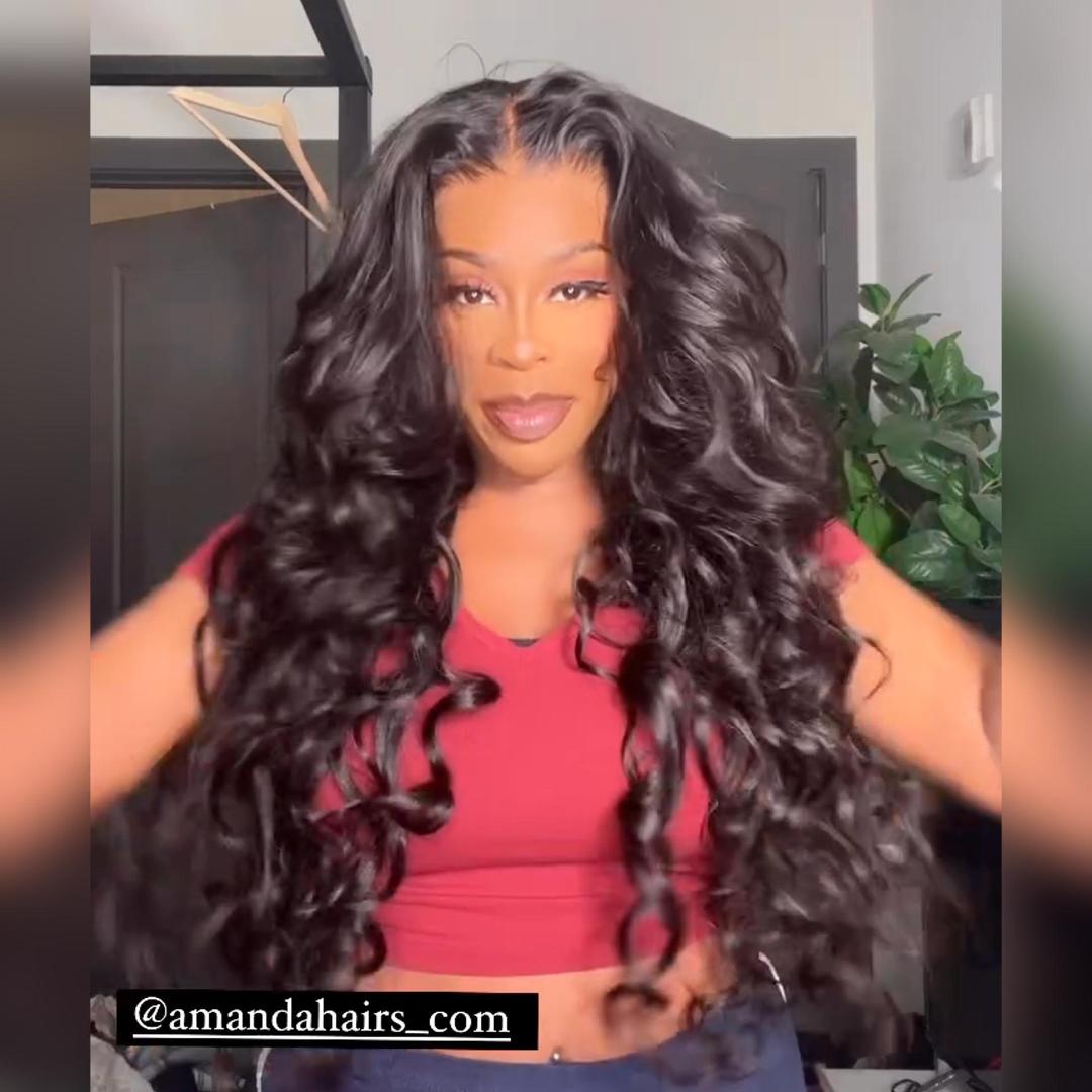 Glueless Loose Wave Lace Front Wigs with Curtain Bangs Clear Transparent HD Lace Nature Wave Wig For Women No Code Needed -Amanda Hair