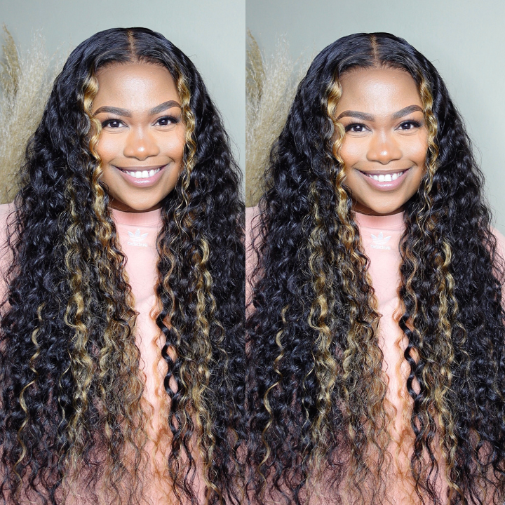 Envío rápido en 24 horas, reflejos rubios sin pegamento en una lujosa peluca de ondas profundas y rizadas con encaje frontal - Peluca transparente con encaje frontal y cierre - Amanda Hair
