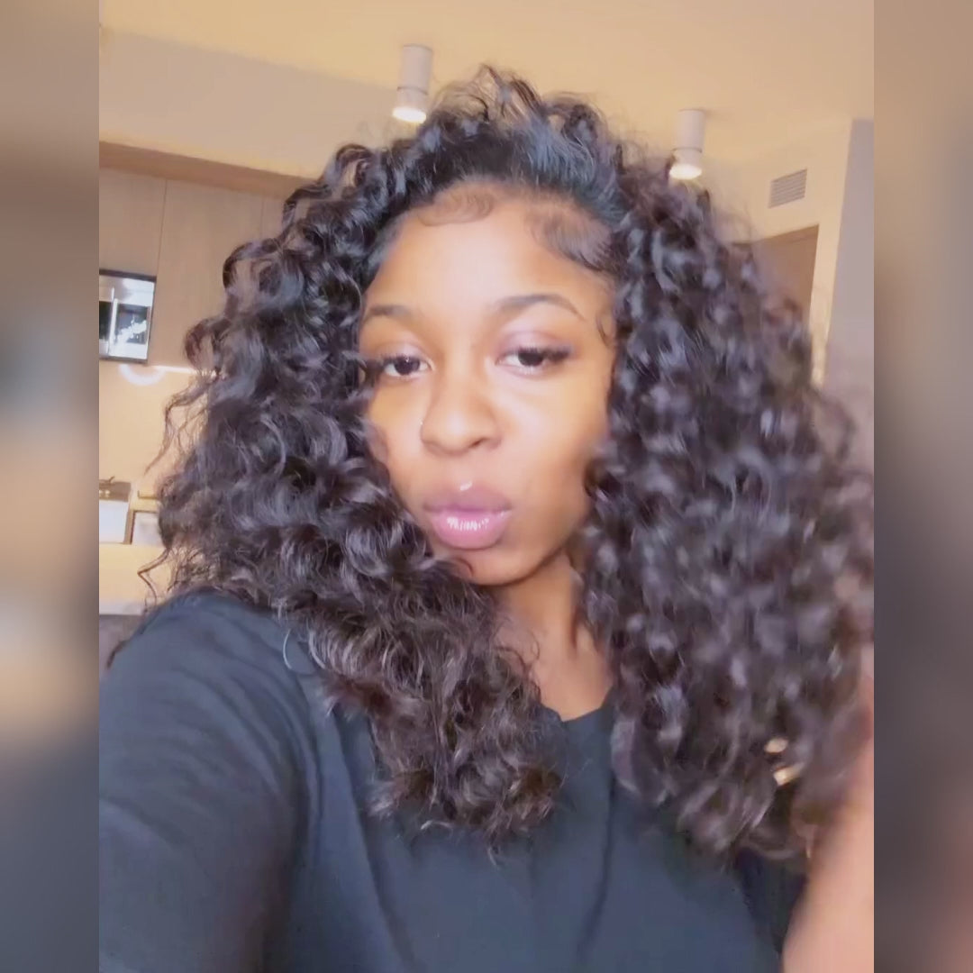 Peluca de cabello humano con ondas profundas y encaje sin pegamento, precortada, con línea de cabello natural, mininudos, transparente, con encaje frontal y cierre, color negro natural - Amanda Hair