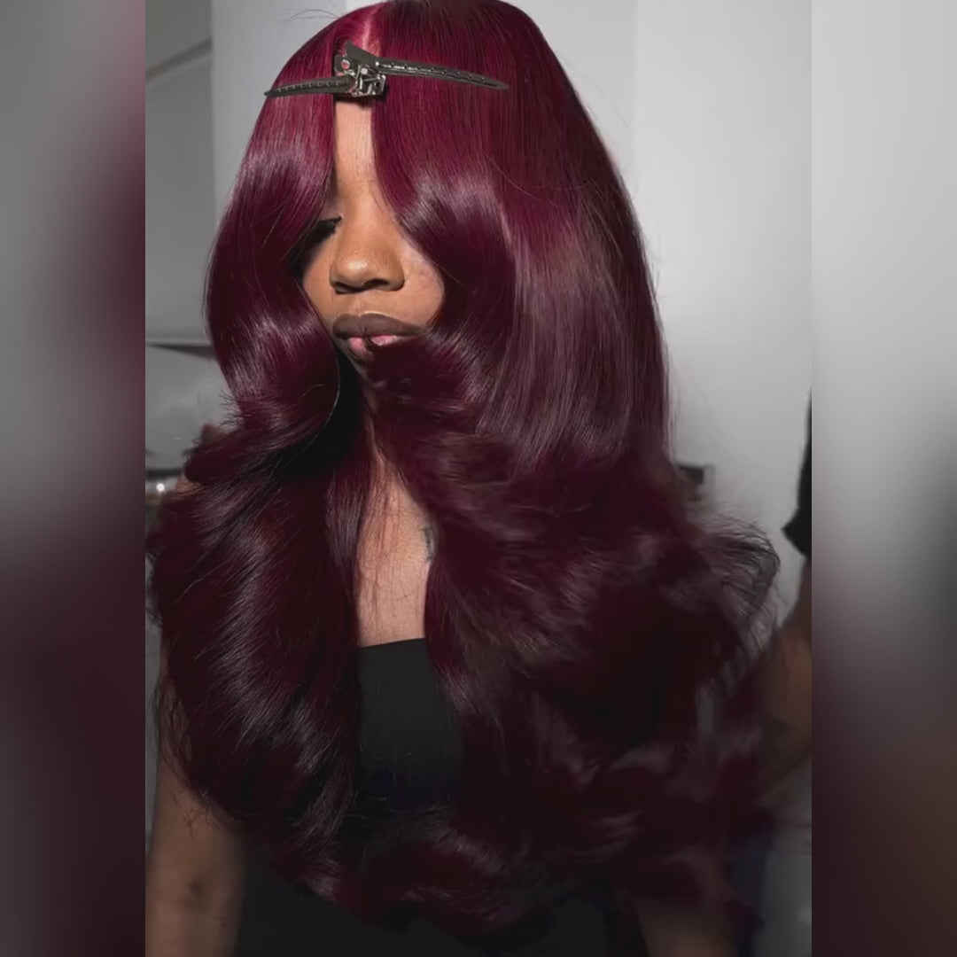 Halloween’s Pick | Glueless 7x5 / 13x4 Lace Frontal Wig Dark 99J Burgundy Human Hair Red Colored Body Wave Transparent Pre Plucked Lace Frontal Wigs- Amanda Hair