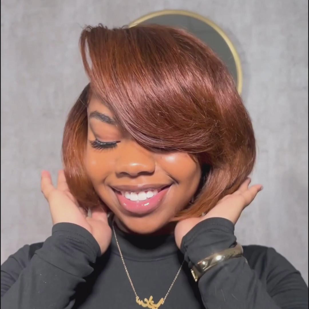 Natural Black & Brown Color Invisible Knots Glueless Straight Short Bob Wig Pre-cut Lace Flash Sale -Amanda Hair