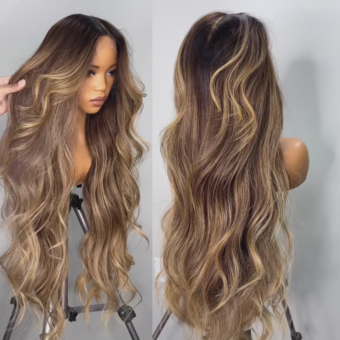 Amanda Highlight Honey Blonde Mix Brown Loose Wave Glueless 13x4 Clear Transparent Lace Front Human Wigs