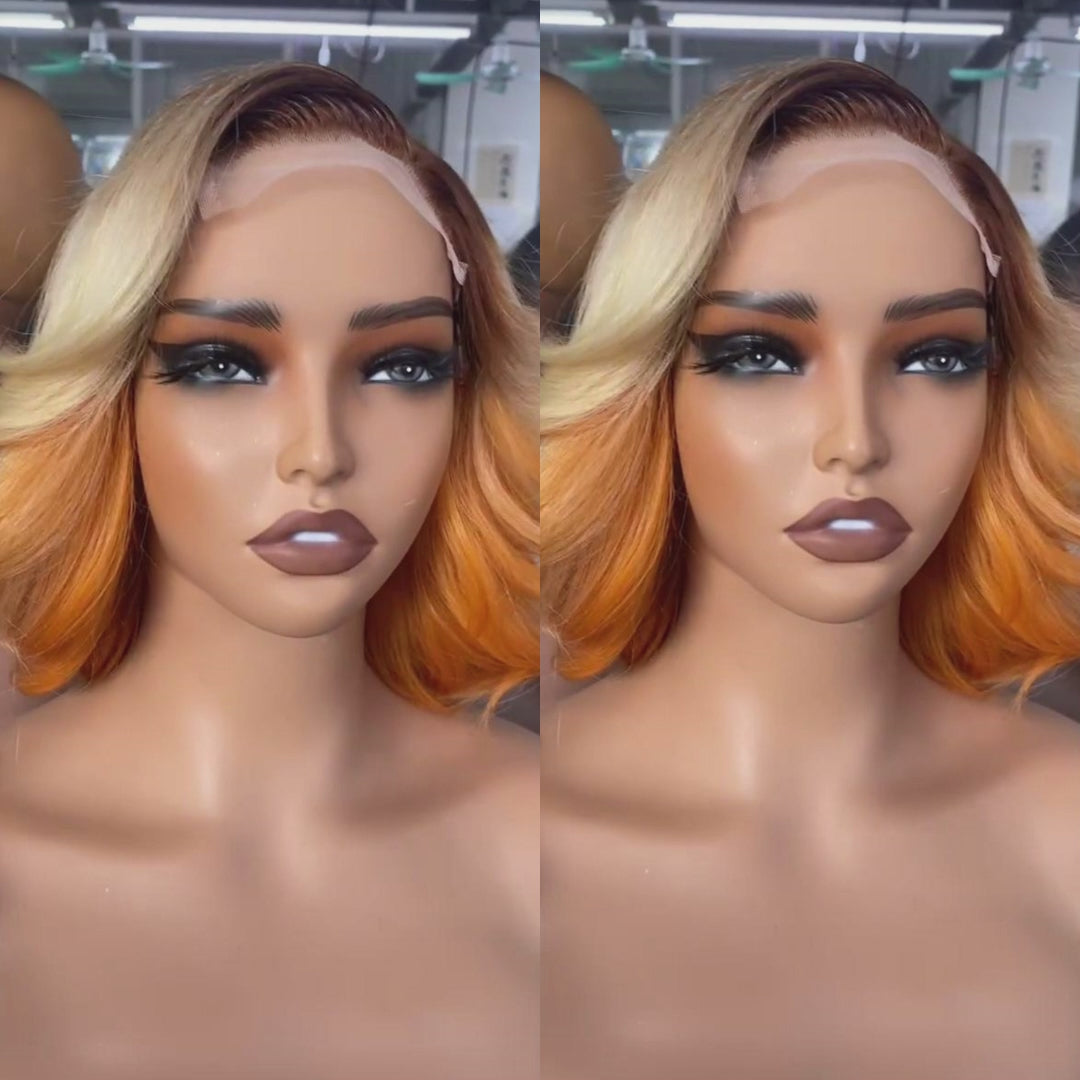 Ombre Brown To 613# Brazilian Short Layer Bob Body Wave Glueless Lace Wigs TransparentStunning Gradient Lace Frontal Wig Pre Plucked Glueless Lace Wigs No Code Needed -Amanda Hair