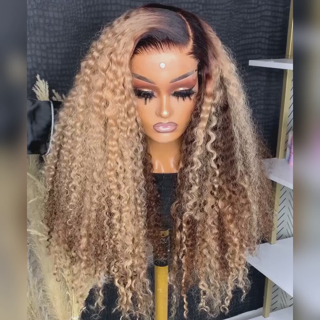 Highlight Color Honey Blonde Curly HD Transparent Lace Front/Closure Wig With Brown Roots- Amanda Hair