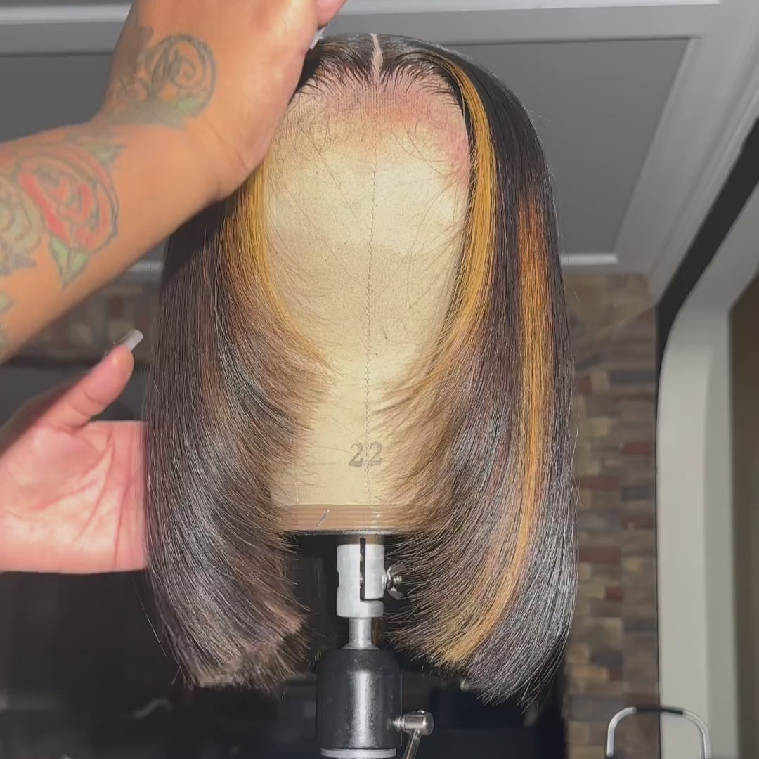 Glueless Highlight Blonde Brazilian Straight Short Bob Lace Wigs Transparent 13x4 Lace Pre Plucked Hairline 180% Density No Code Needed -Amanda Hair