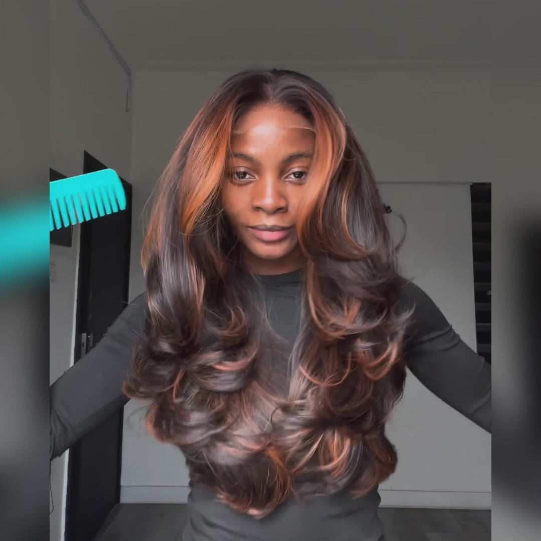 Highlight Ginger Brown 6x4/13x4 Lace Loose Wave Wigs with Curtain Bangs Human Hair Undetectable Clear Transparent Lace Wigs