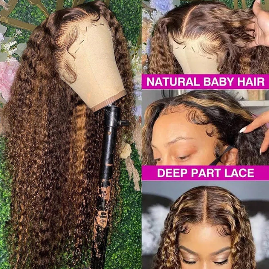Glueless Highlight Curly Lace Front Human Hair Wig Ombre Blonde Lace Front Wig for Women-Amanda Hair