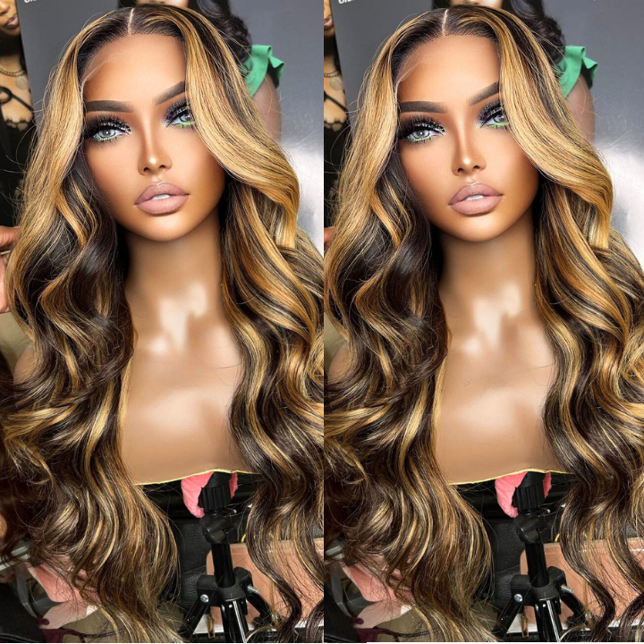 Human Hair Money Piece Highlight Blonde Body Wave Lace Front Color Wigs Highlight 1B/2713x4 HD Lace frontal Human Hair Wig-Amanda Hair