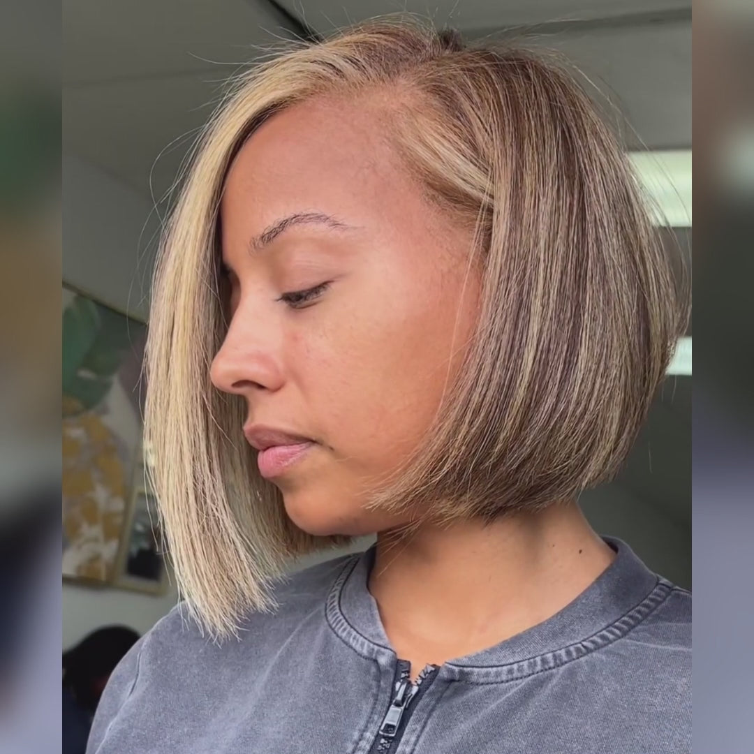 Highlight Golden Mix Brown Stacked Shapes Brazilian Short Bob Straight Glueless Lace Wigs Transparent Lace Frontal Wig Glueless Lace Wigs No Code Needed -Amanda Hair Clearance Flash Sale