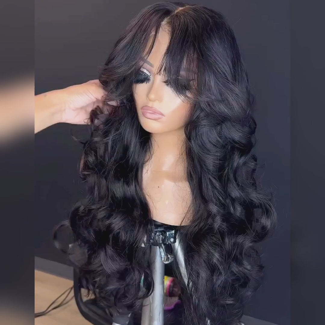 Pelucas de lujo personalizadas con 300 % de densidad, flequillo de cortina, ondas sueltas, sin pegamento, pelucas frontales de encaje transparente - Amanda Hair