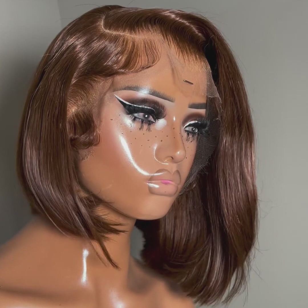 Natural Black & Brown Color Invisible Knots Glueless Straight Short Bob Wig Pre-cut Lace Flash Sale -Amanda Hair