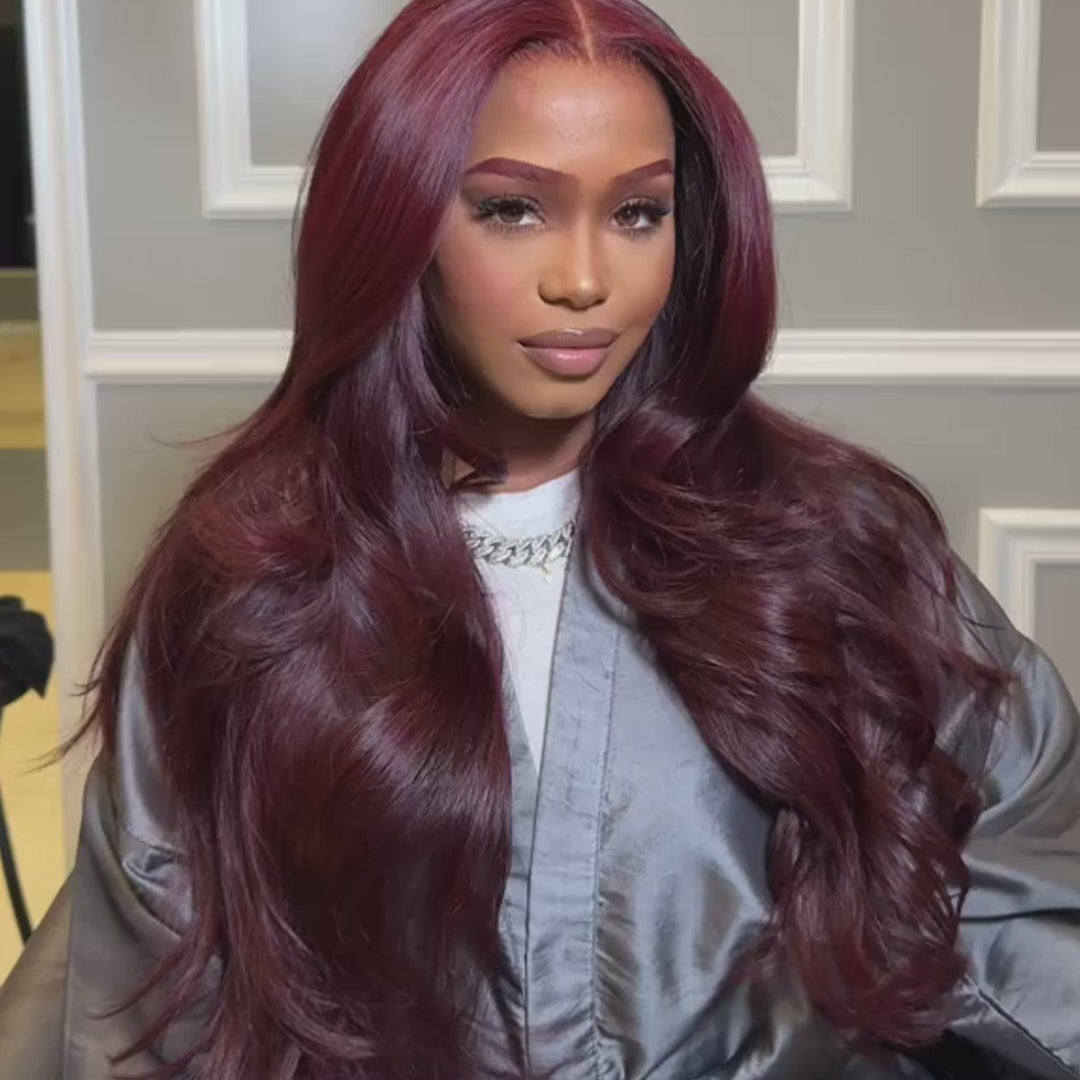 Glueless Lace Frontal Layer Body Wave Wig Human Hair Wigs Dark 99J Burgundy Red Colored Transparent Pre Plucked Hairline  - Amanda Hair