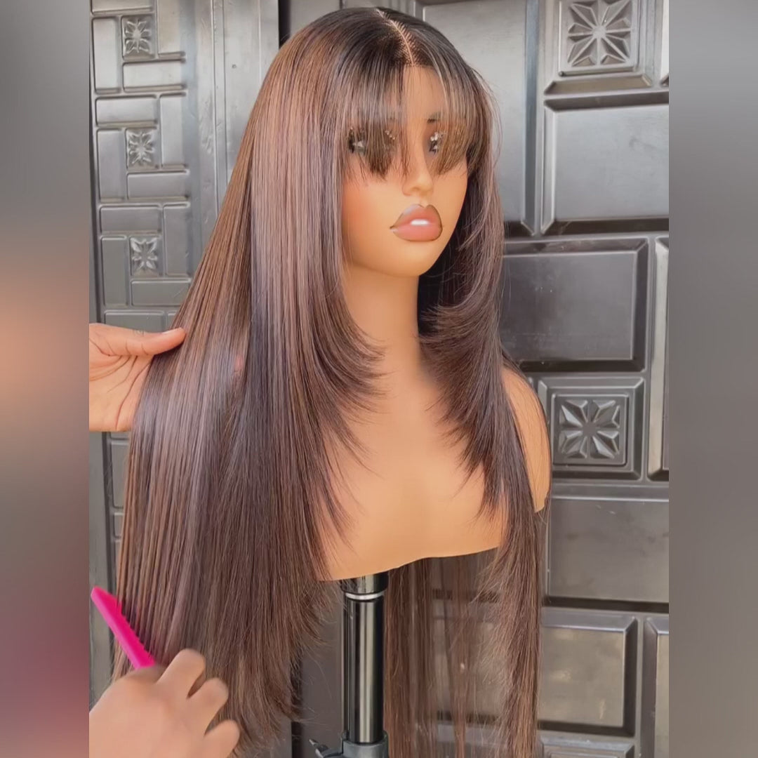 Layered Cut Brown Brazilian Straight Hair Long Wigs with Curtain Bangs 6x4/13x4 Clear Lace Front Wigs-Amanda Hair