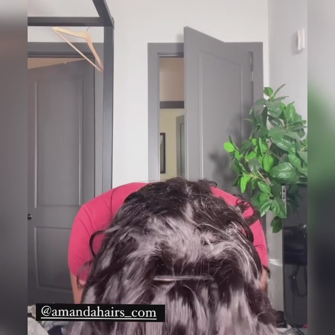 Pelucas de lujo personalizadas con 300 % de densidad, flequillo de cortina, ondas sueltas, sin pegamento, pelucas frontales de encaje transparente - Amanda Hair