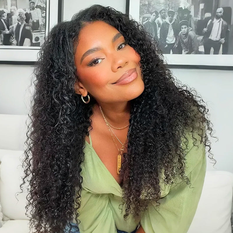 Upgrade V Part Jerry Curly Glueless Wig Invisi Drawstring Real Scalp Virgin Human Hair Flash Sale- Amanda Hair