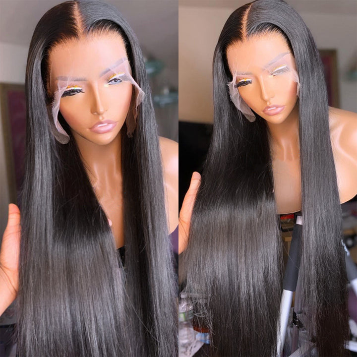 Cheveux longs raides 13 * 4/4 * 4 / T Partie Perruques avant en dentelle Perruque de cheveux humains frontale préplumée - Amanda Hair