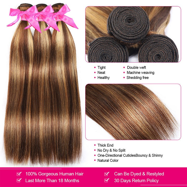 Highlight Brown 3 Bundles Cheveux Raides Avec Fermeture Ombre Honey Blonde -Amandahair