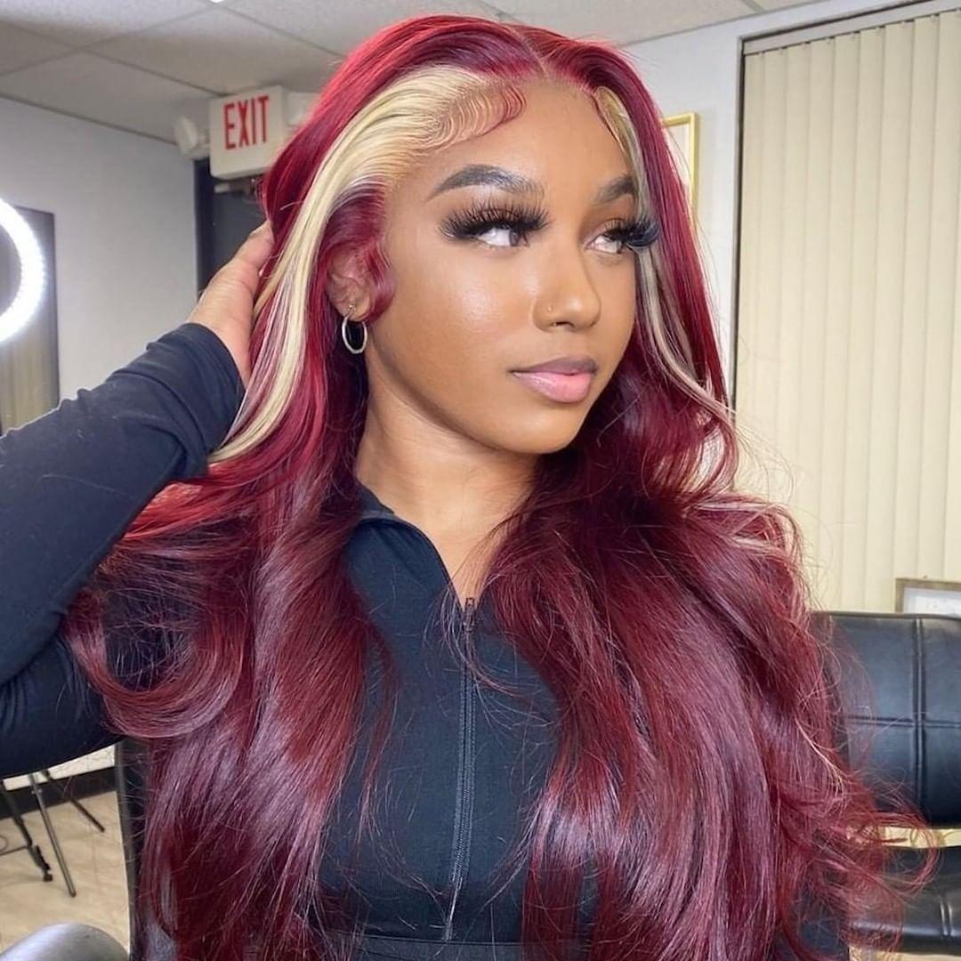 Droite 13 * 4 Lace Front Red Wine & Blonde Skunk Stripe Color 99J Bourgogne Perruque-Amanda Hair
