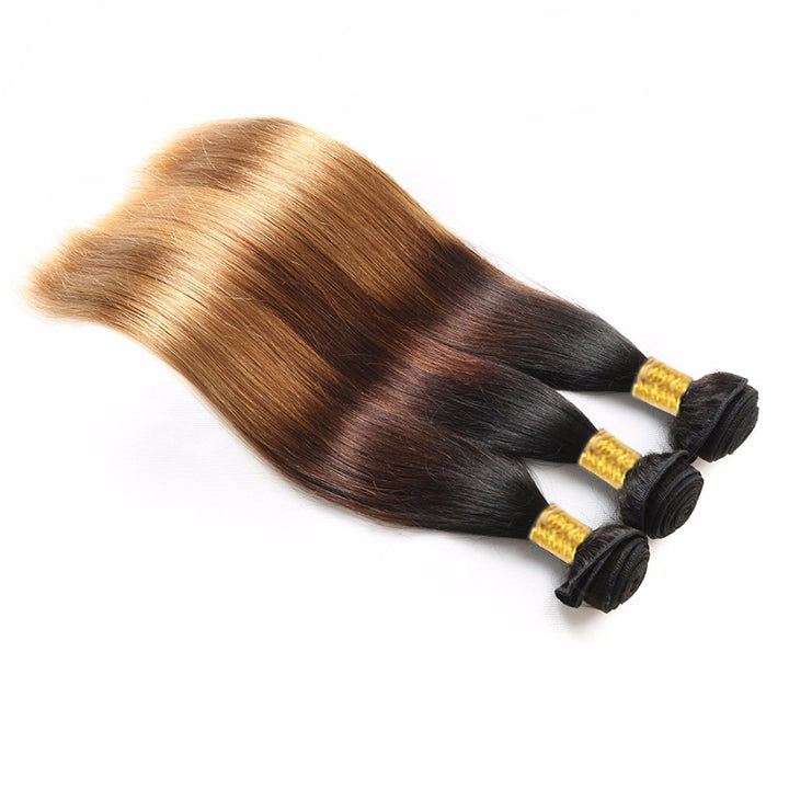 Blonde Human Hair 3 Bundles With Closure 3Tone (T1b/4/27) 100% Real Straight Human Hair Extensions