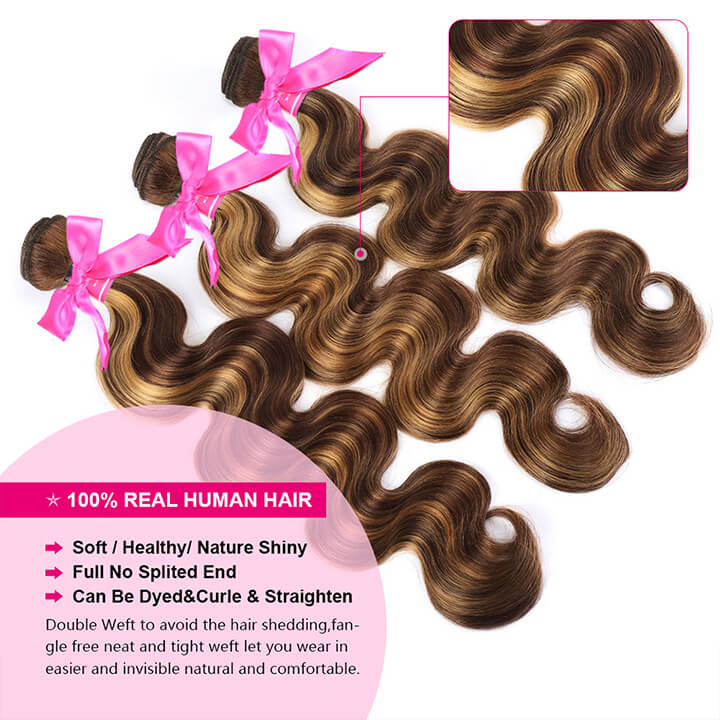 Mettre en surbrillance les faisceaux de cheveux brésiliens humains de vague de corps brun avec fermeture Ombre miel blond fermeture avec des faisceaux