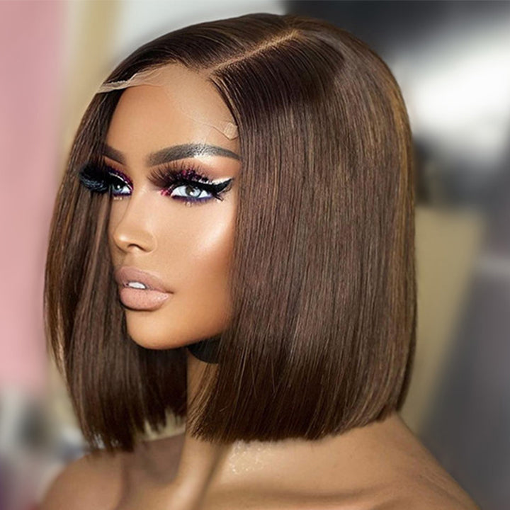 Straight Human Hair Brown Bob Highlight Color Wig -Amanda Hair