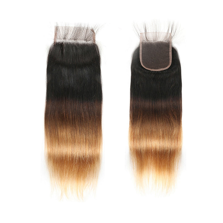 Blonde Human Hair 3 Bundles With Closure 3Tone (T1b/4/27) 100% Real Straight Human Hair Extensions