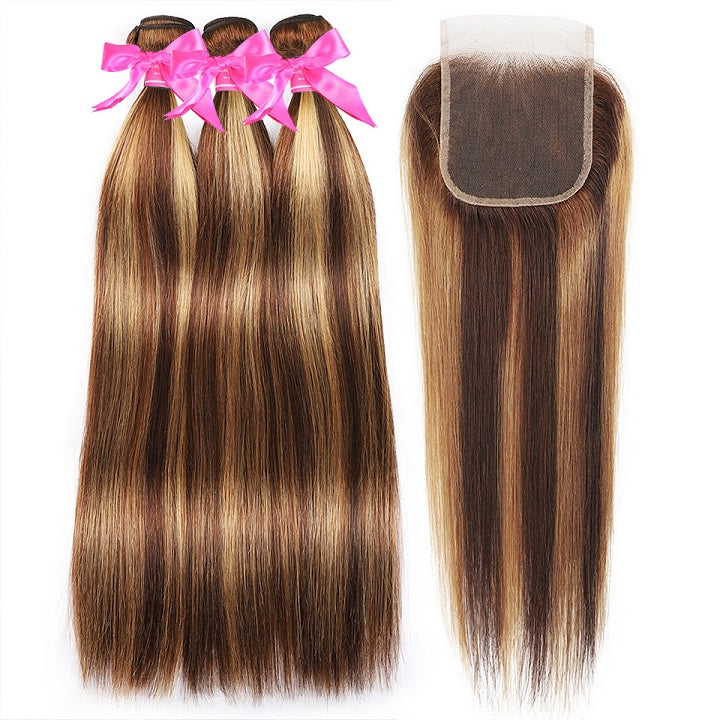 Highlight Brown 3 Bundles Cheveux Raides Avec Fermeture Ombre Honey Blonde -Amandahair