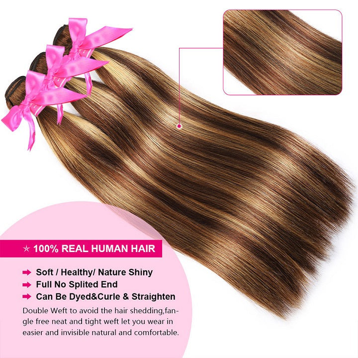 Highlight Brown 3 Bundles Cheveux Raides Avec Fermeture Ombre Honey Blonde -Amandahair