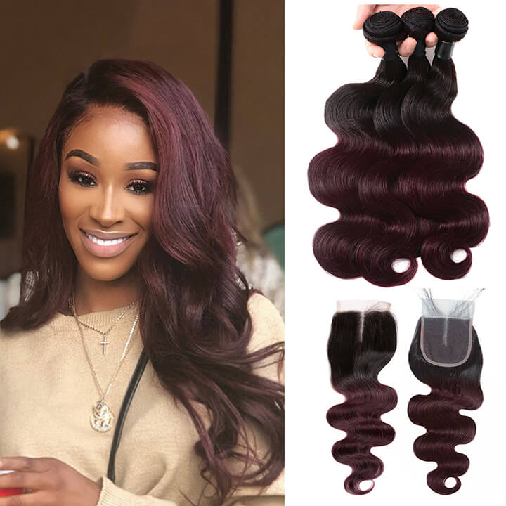 Brazilian Body Wave Hair Bundles With Closure Ombre Burgundy  100% Real Human Hair Extensions