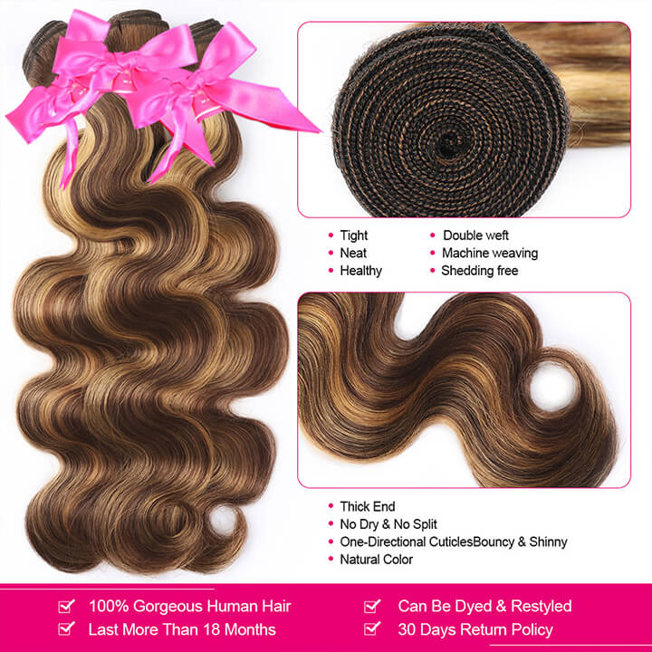 Mettre en surbrillance les faisceaux de cheveux brésiliens humains de vague de corps brun avec fermeture Ombre miel blond fermeture avec des faisceaux