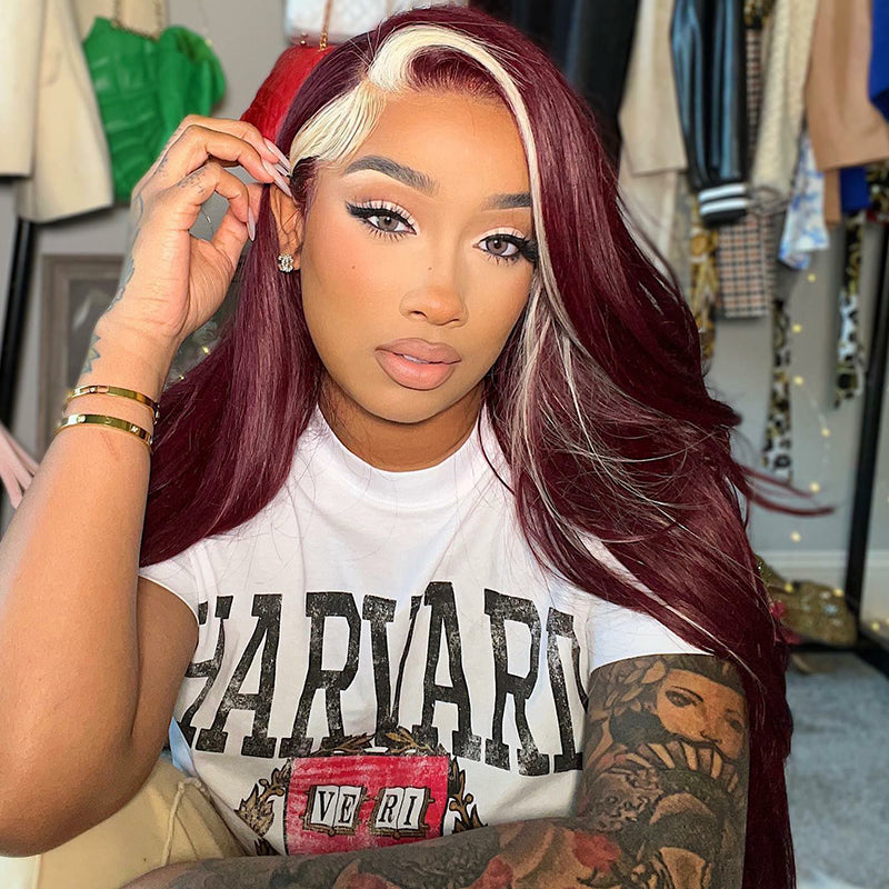 Droite 13 * 4 Lace Front Red Wine & Blonde Skunk Stripe Color 99J Bourgogne Perruque-Amanda Hair
