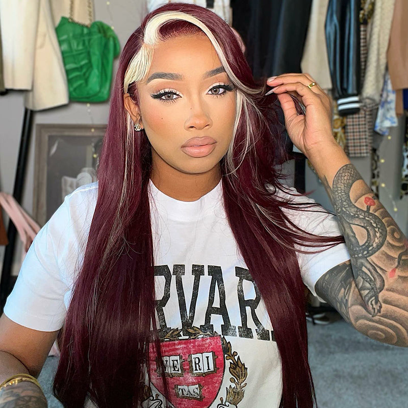 Droite 13 * 4 Lace Front Red Wine & Blonde Skunk Stripe Color 99J Bourgogne Perruque-Amanda Hair