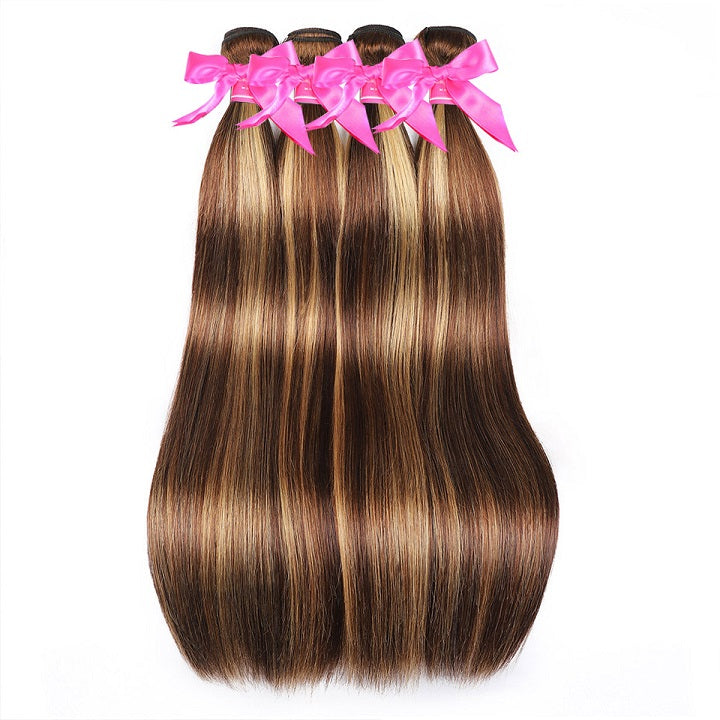 Highlight Brown 3 Bundles Cheveux Raides Avec Fermeture Ombre Honey Blonde -Amandahair