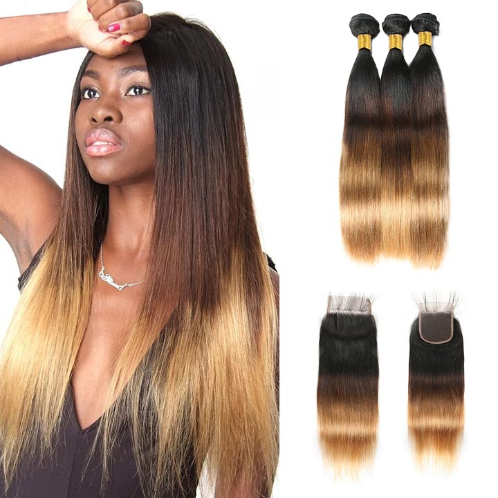 Blonde Human Hair 3 Bundles With Closure 3Tone (T1b/4/27) 100% Real Straight Human Hair Extensions