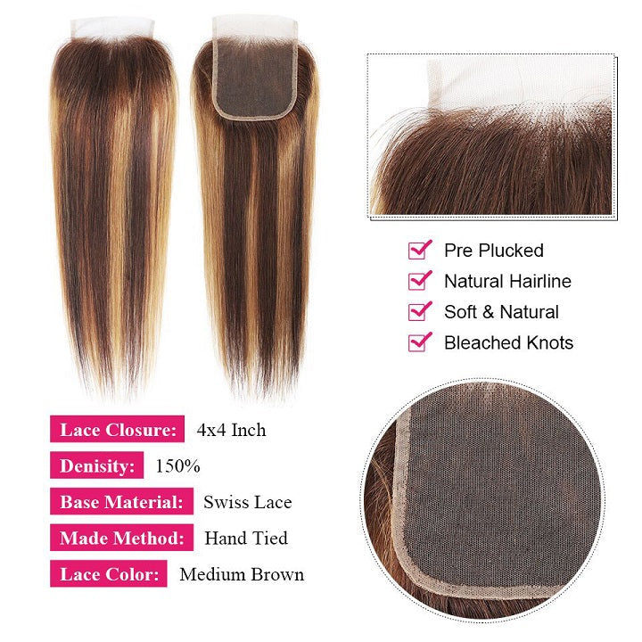 Highlight Brown 3 Bundles Cheveux Raides Avec Fermeture Ombre Honey Blonde -Amandahair