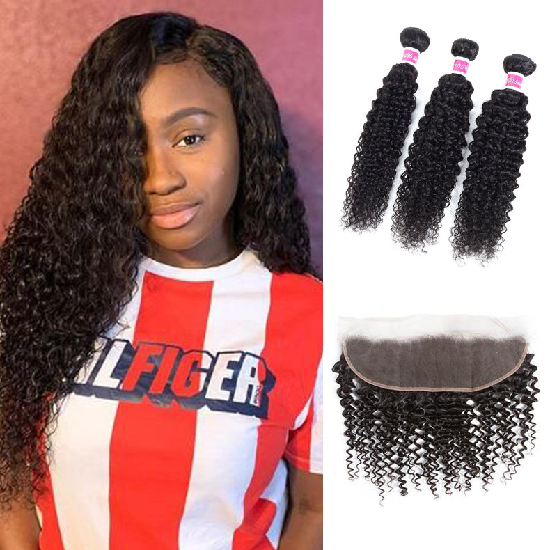 Amanda Mongolian Hair Kinky Curly 3 Bundles With 13*4 Lace Frontal 10A Grade 100% Remi Human Hair Soft Shiny Wave Hair