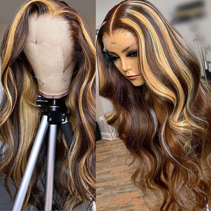 Glueless Invisible Honey Blonde Highlight Body Wave 13x4 Pelucas delanteras de encaje Cabello humano Peluca de color degradado