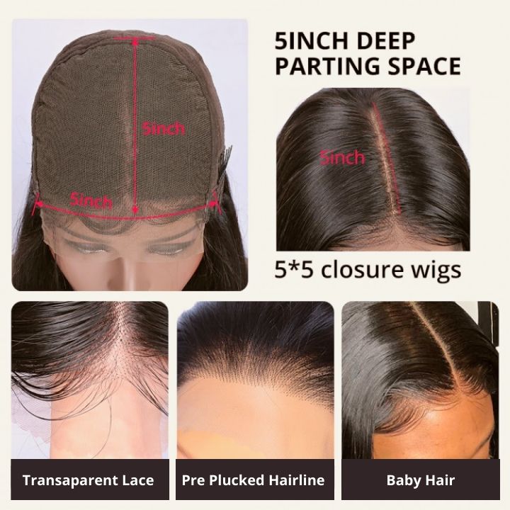 Glueless 5 * 5 HD Lace Closure Wigs Straight Human Hair Wear & Go Wig Plumed Hairline-Amanda Hair