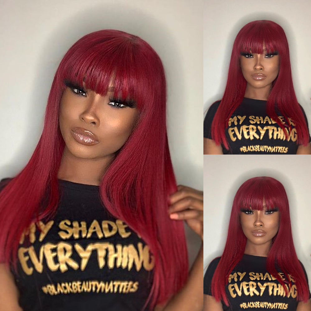 Glueless Straight Hair Burgundy Wig 1b/99j Color Straight Hair No Lace Wigs With Bangs-Amanda Hair