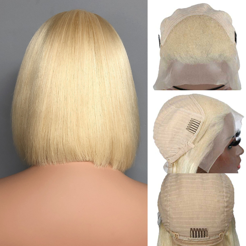 613 # Blonde Brésilienne Droite Court Bob Perruques 150% Densité Transparent Dentelle Frontale Perruque Pré Cueillie Sans Colle Dentelle Perruques-Amanda Cheveux