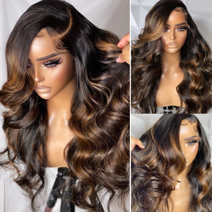 Balayage Light Brown Glueless Transparent Lace Closure Body Wave Wigs Human Hair 13x4 Lace Part Highlight Colored Wig-Amanda Hair