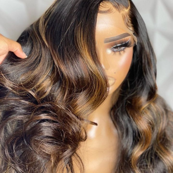 Balayage Light Brown Glueless Transparent Lace Closure Body Wave Wigs Human Hair 13x4 Lace Part Highlight Colored Wig-Amanda Hair
