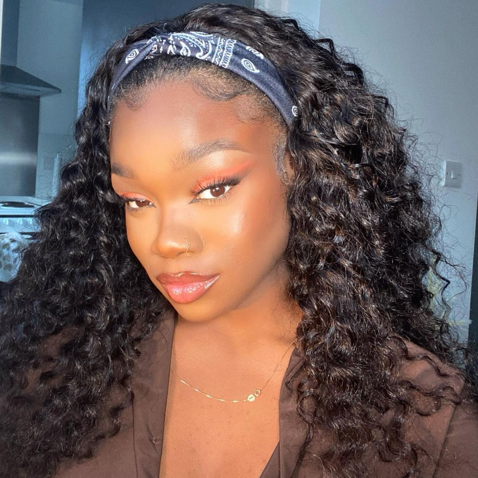 Deep Wave Headband Wig hort Black Human Hair Wig with Headband
