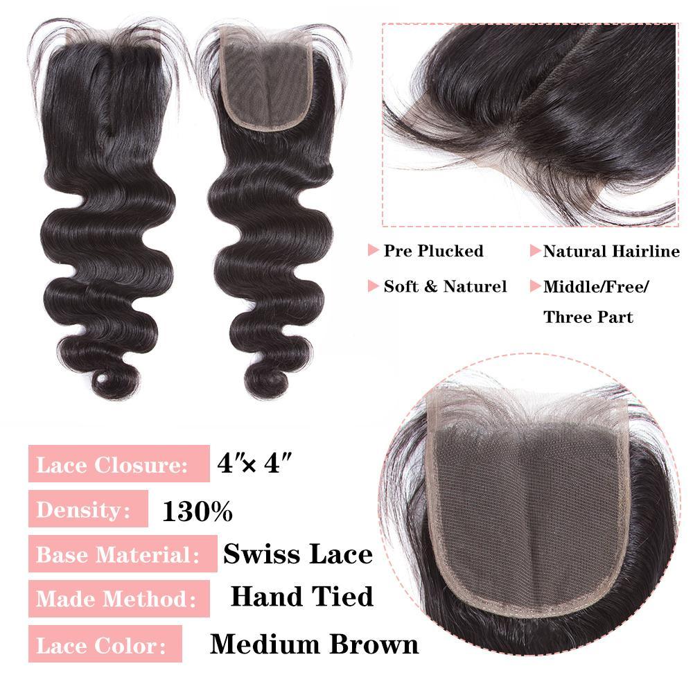 Amanda Hair Malaysian Body Wave 4 Bundles With 4*4 Lace Closure 9A Grade 100% Unprocessed Human Hair