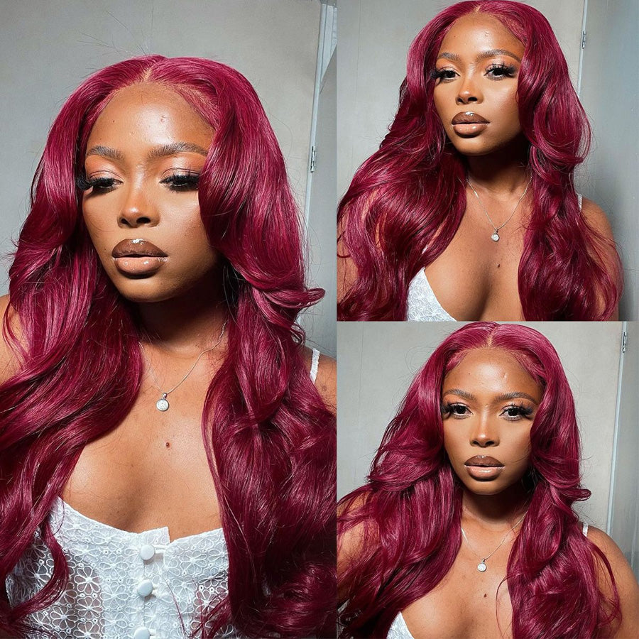 Body Wave Burgundy HD Lace Front Pre Plucked Colored Human Hair Wigs for Women