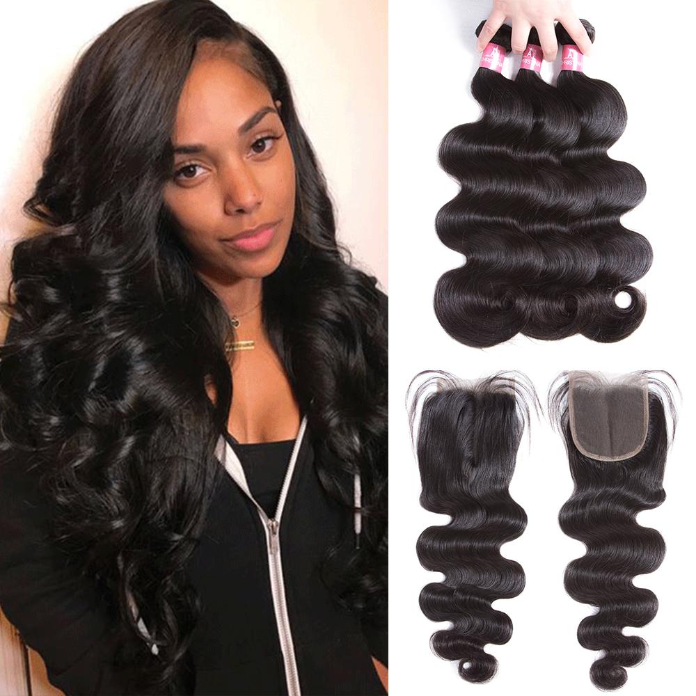 Cheveux brésiliens Body Wave 3 faisceaux avec fermeture à lacet 4 * 4 10A Grade 100% cheveux humains Remi - Amanda Hair